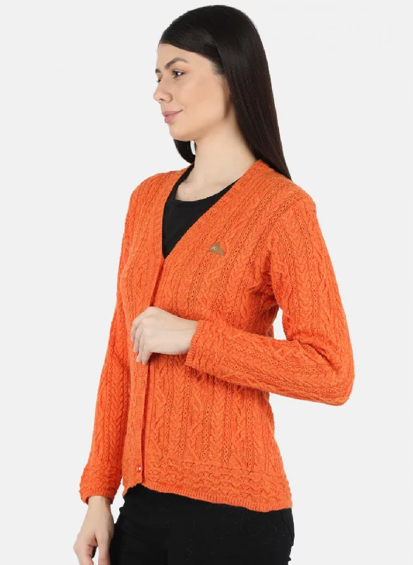 Women Orange Self Design Cardigan