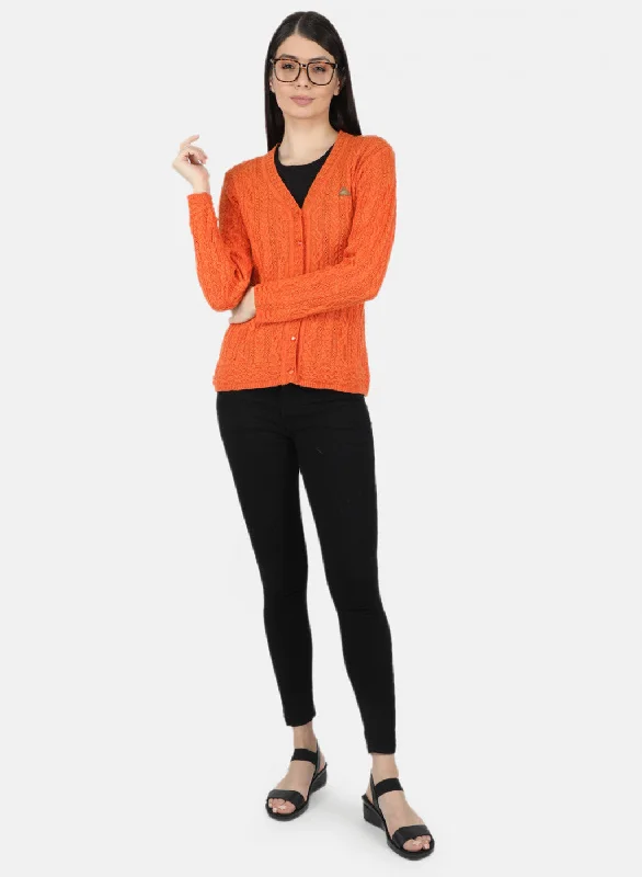 Women Orange Self Design Cardigan