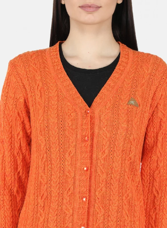 Women Orange Self Design Cardigan