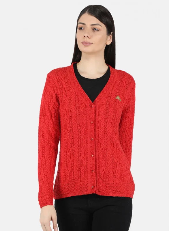 Women Red Self Design Cardigan