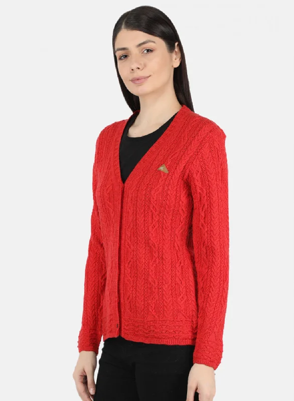 Women Red Self Design Cardigan