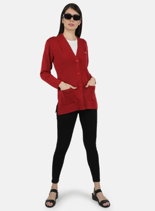 Women Red Solid Cardigan