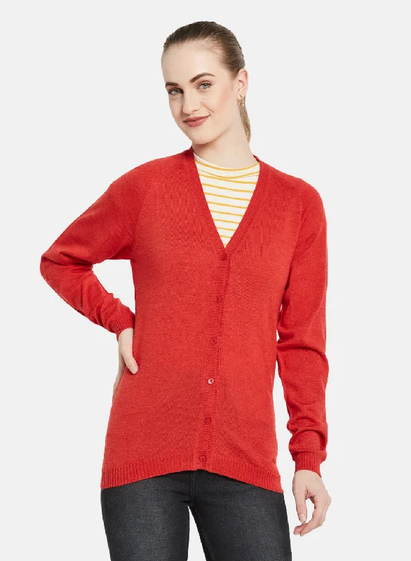 Women Red Solid Cardigan