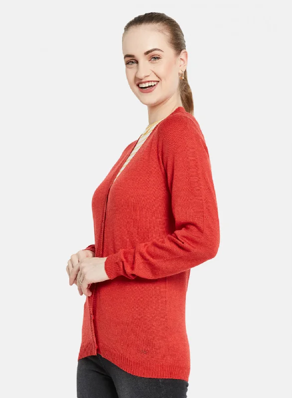 Women Red Solid Cardigan