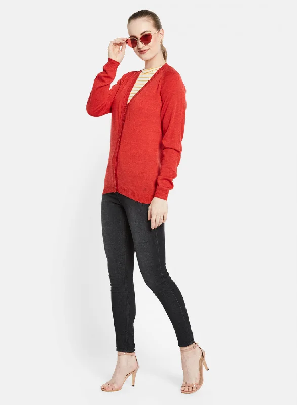 Women Red Solid Cardigan