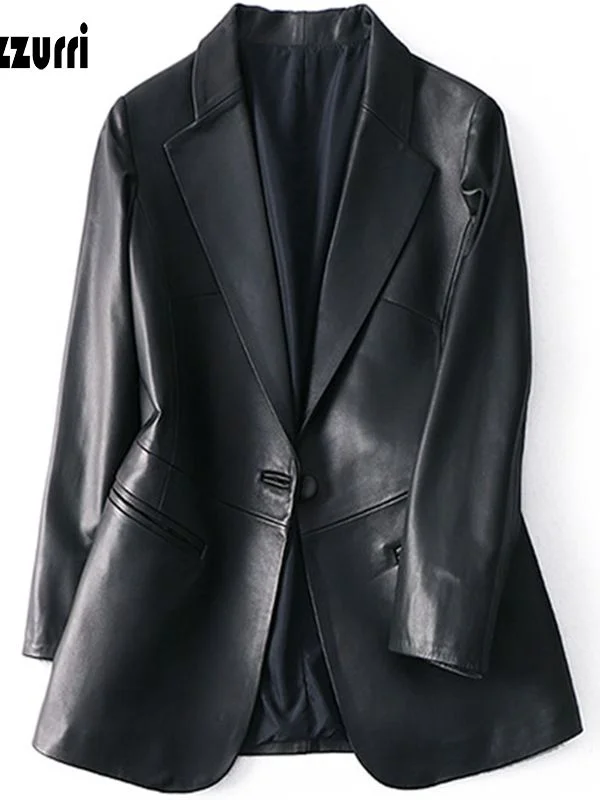 Spring Autumn Black Leather Blazer Women Single Button Slim Fit