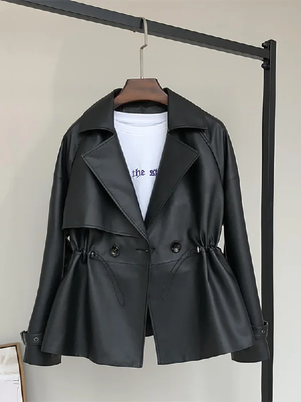 Spring Black Short Soft Faux Leather Trench Coat for Women