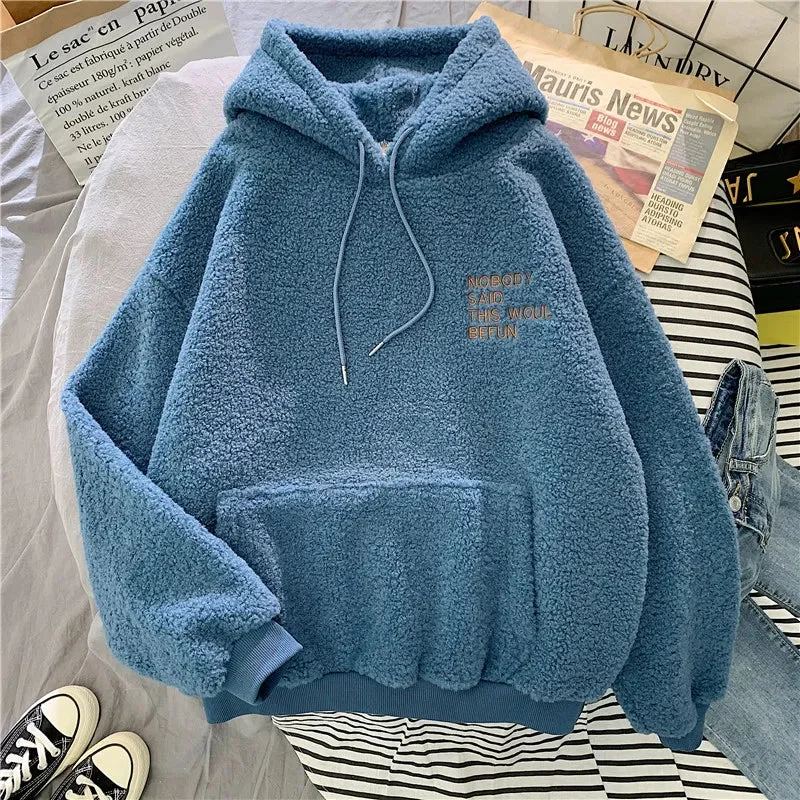 Thick Warm Coat Velvet Cashmere Women Hoody Sweatshirt Solid Blue Pullover