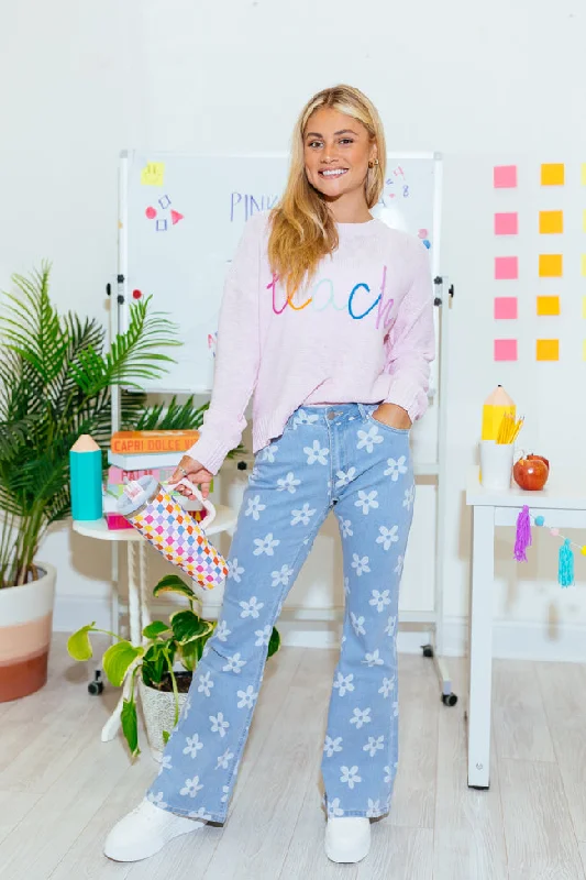 Off To The Classroom Pink Multi Teach Script Sweater