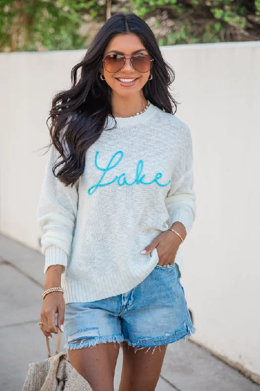 Off To The Lake Ivory Script Striped Sweater