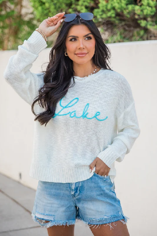 Off To The Lake Ivory Script Striped Sweater