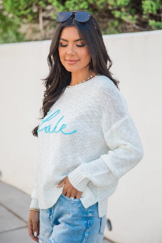 Off To The Lake Ivory Script Striped Sweater