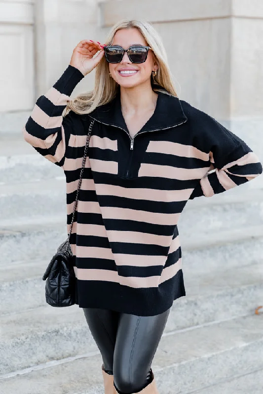 Pulling Heartstrings Black And Tan Striped Quarter Zip Pullover