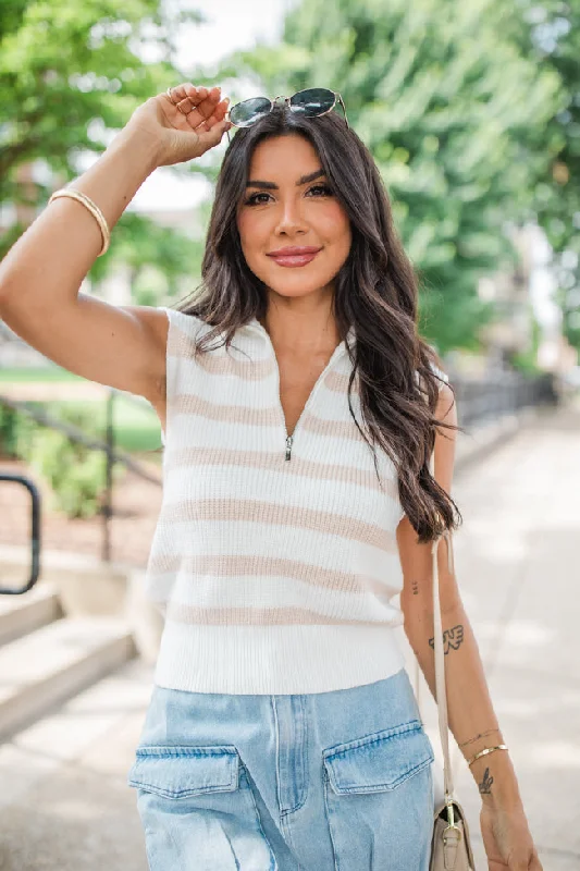 Slow Me Down Ivory And Beige Sleeveless Striped Quarter Zip Sweater