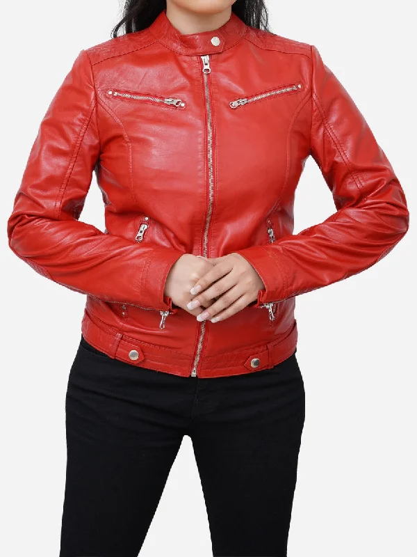 Valentina Cafe Racer Red Leather Motorcycle Jacket