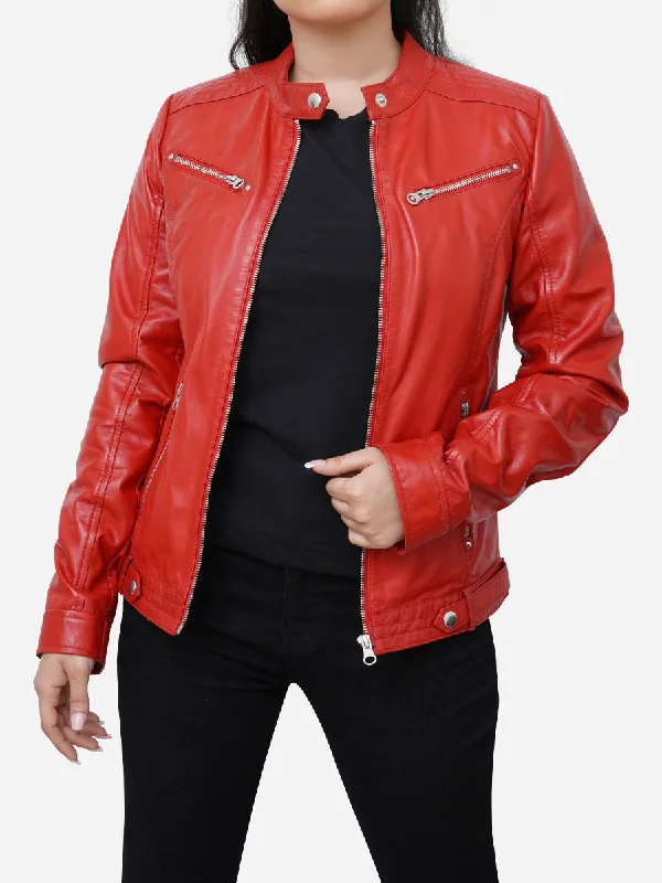 Valentina Cafe Racer Red Leather Motorcycle Jacket