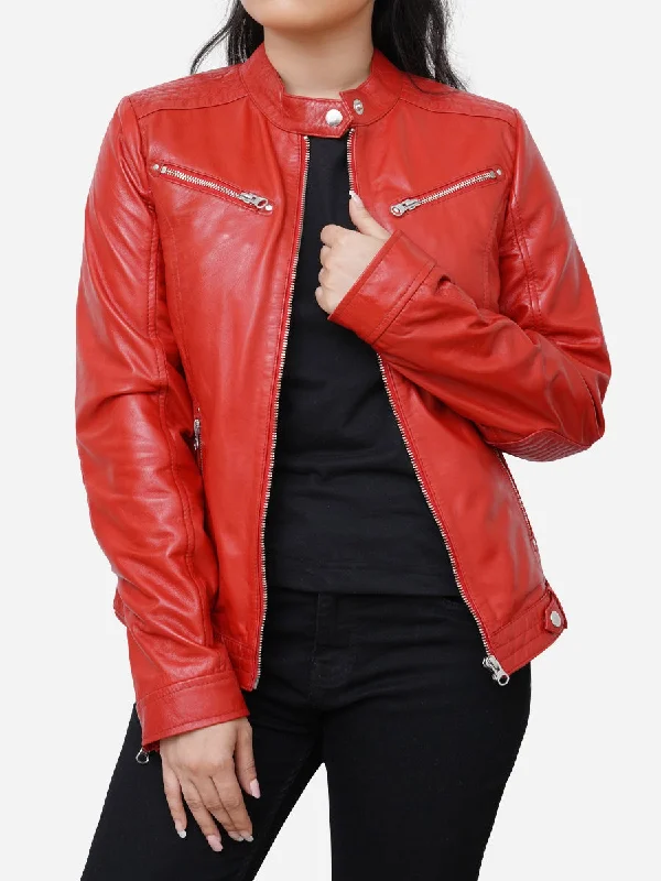 Valentina Cafe Racer Red Leather Motorcycle Jacket