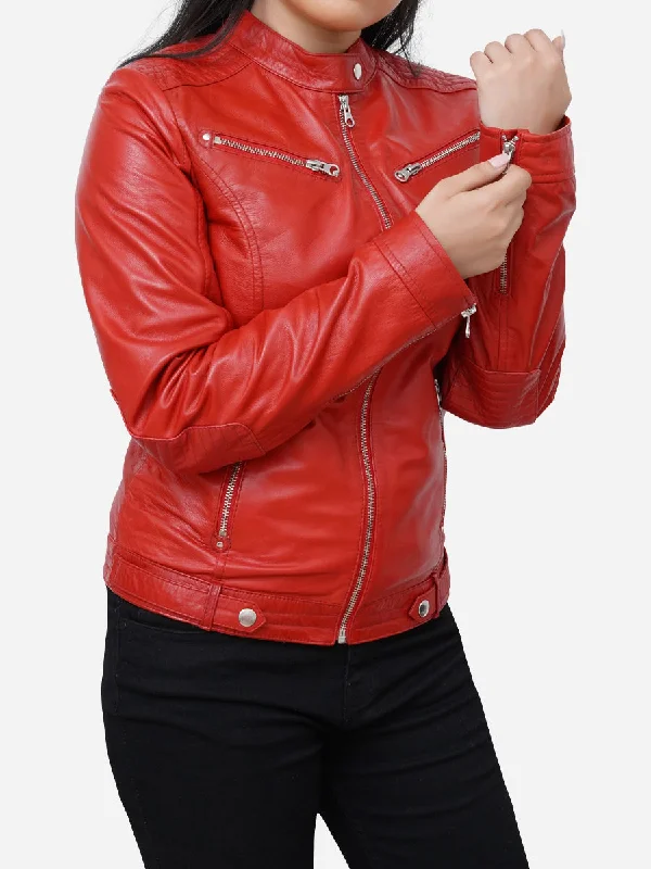 Valentina Cafe Racer Red Leather Motorcycle Jacket