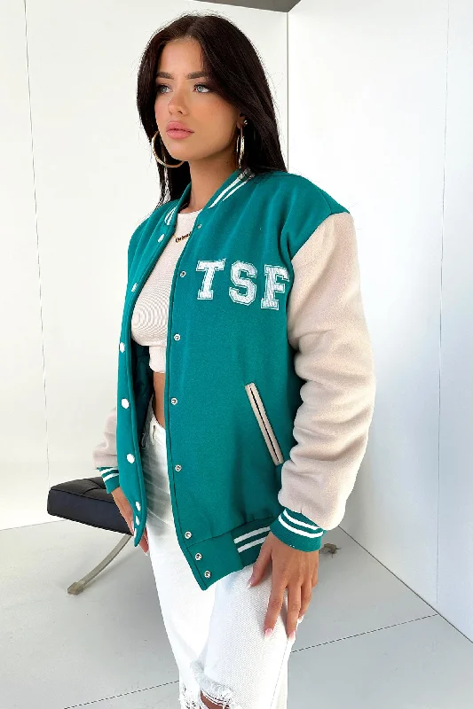 Varsity Oversized Jacket - Teal / Beige