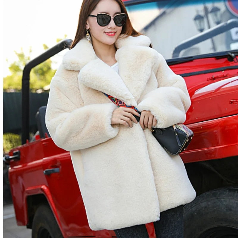 Winter Women High Quality Faux Rabbit Fur Coat Luxury Fur Coat Loose Lapel OverCoat Thick Warm Plus Size Female Plush Coats