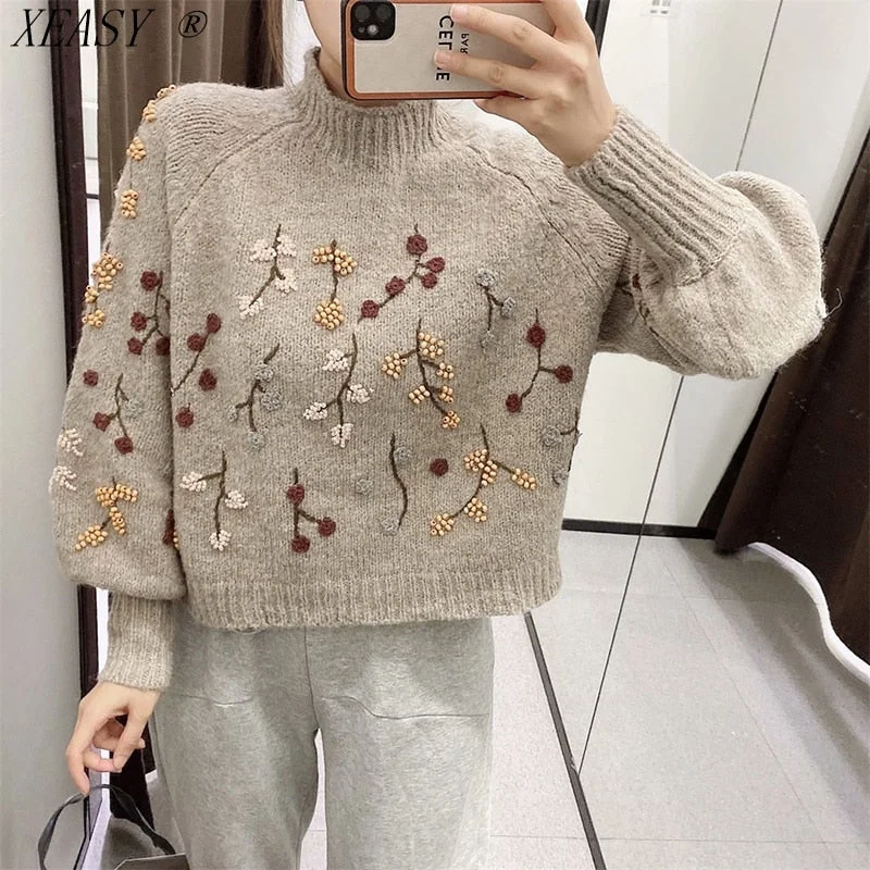 Women Vintage Korean Long Sleeve Pullover Chic Flowers Beaded Fashion