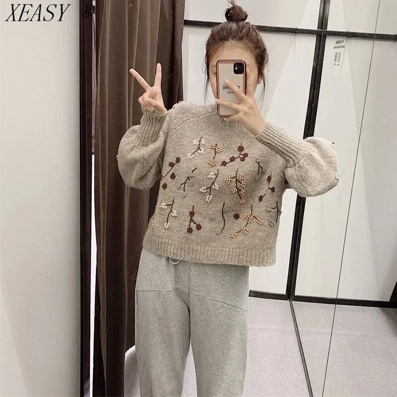 Women Vintage Korean Long Sleeve Pullover Chic Flowers Beaded Fashion