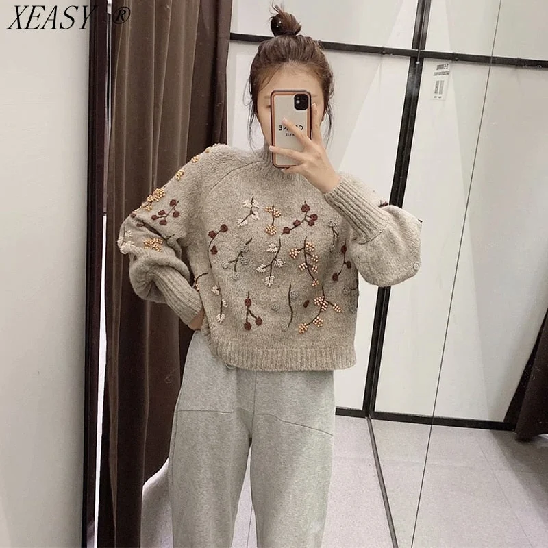 Women Vintage Korean Long Sleeve Pullover Chic Flowers Beaded Fashion