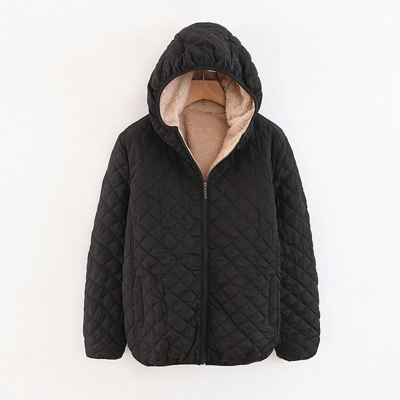 Women Autumn Winter Parkas Coat Jackets Female Lamb Hooded Plaid