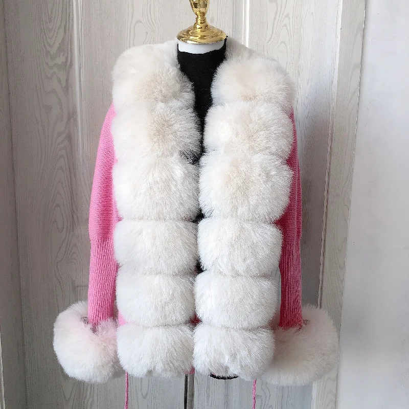 Women Faux Fur Knit Sweater cardigan Spring Autumn elegant Knitted sweater