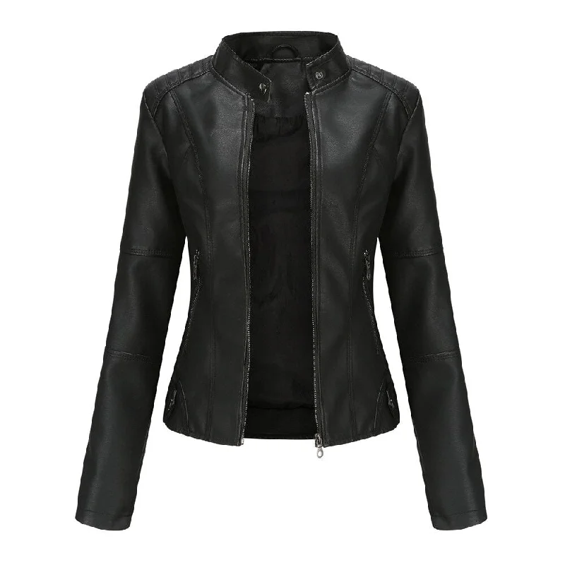 Women Leather Jacket Spring Autumn Black PU Leather Coat Stand-up