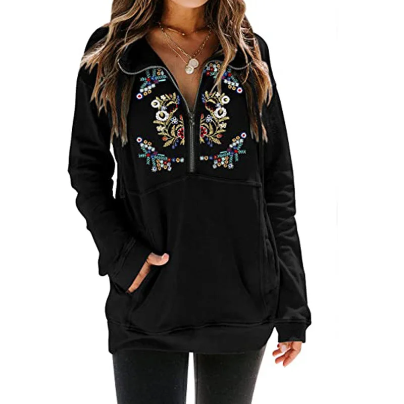 Women's Autumn Mid-length Leisure Embroidery Zipper Long-sleeved Sweaters