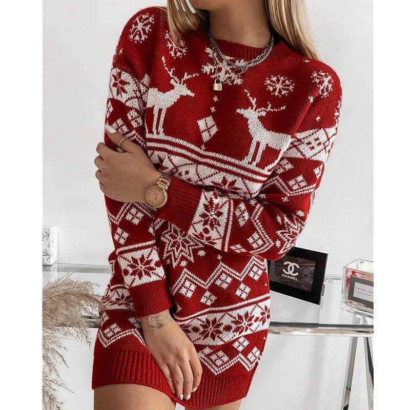 Women's Christmas Elk Snowflake Knitted Dress Sweaters