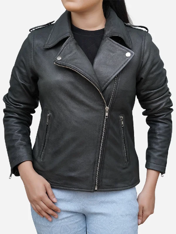 Women's Dynamic Grey Leather Biker Jacket