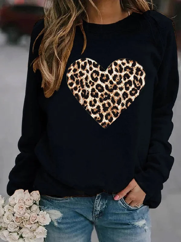 Women's Round Neck Leopard Print Heart Printing Hooded Veet Coats