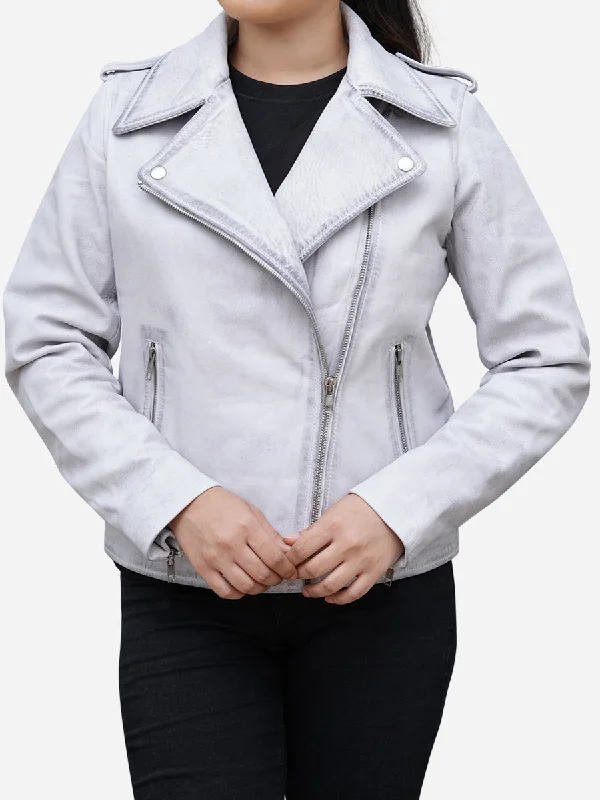 Women's White Real Leather Asymmetric Motorcycle Jacket