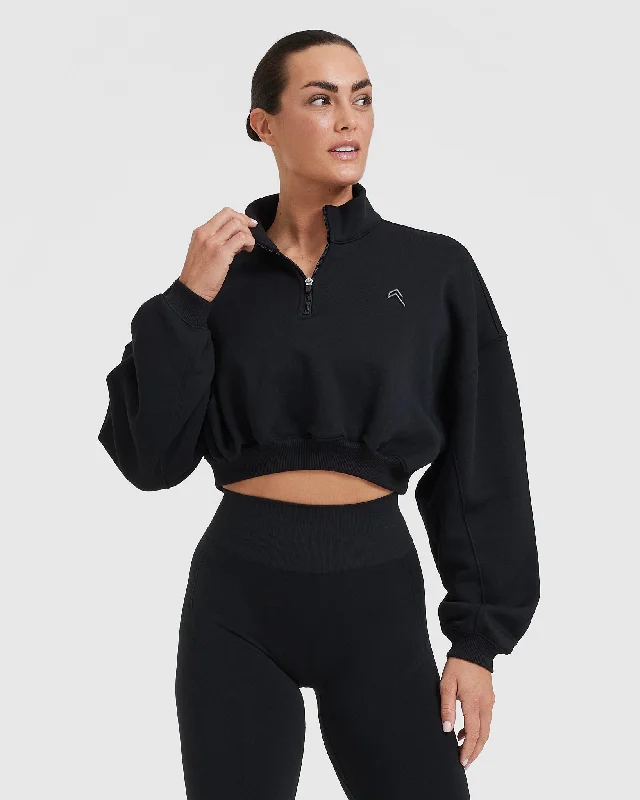 All Day Cosy Crop 1/4 Zip Sweatshirt | Black