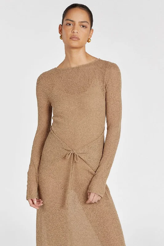 BREE KHAKI LONG SLEEVE TIE FRONT DRESS