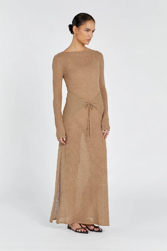 BREE KHAKI LONG SLEEVE TIE FRONT DRESS