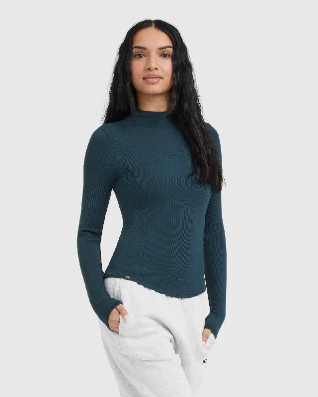 Mellow Rib Mock Neck Long Sleeve Top | Oil Blue