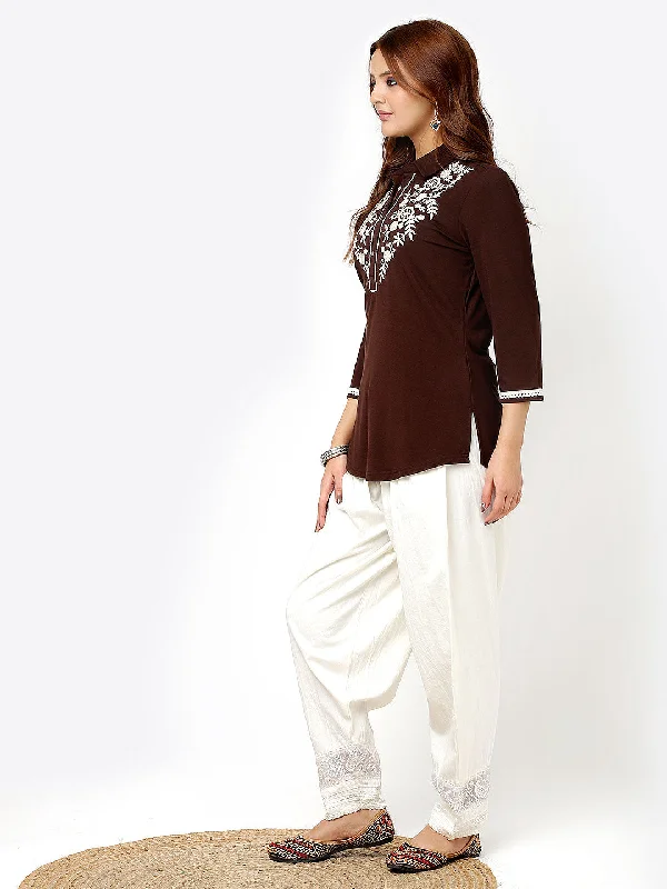 Brown Stretchable Kurti for Women with Threadwork and Lace Work