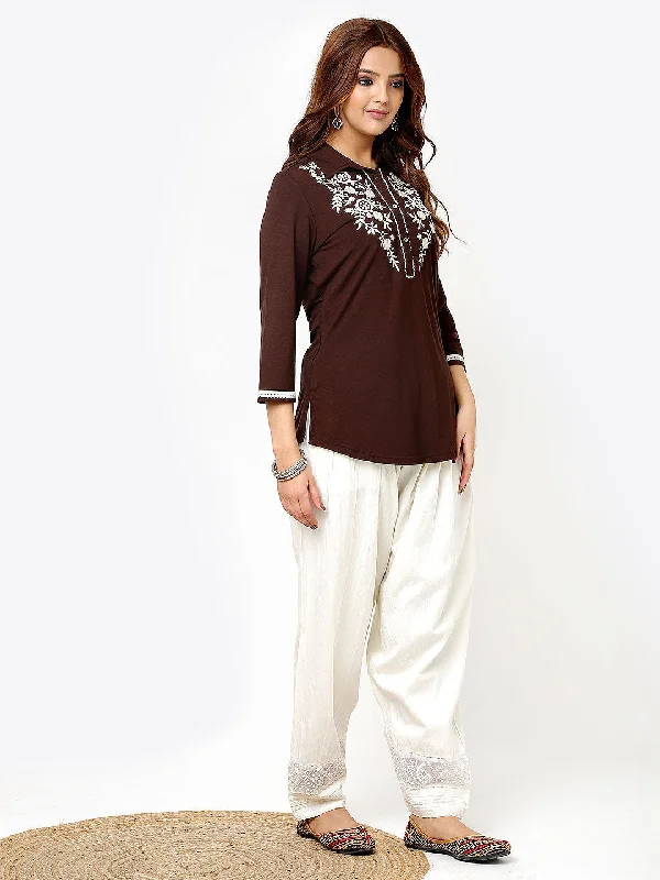 Brown Stretchable Kurti for Women with Threadwork and Lace Work