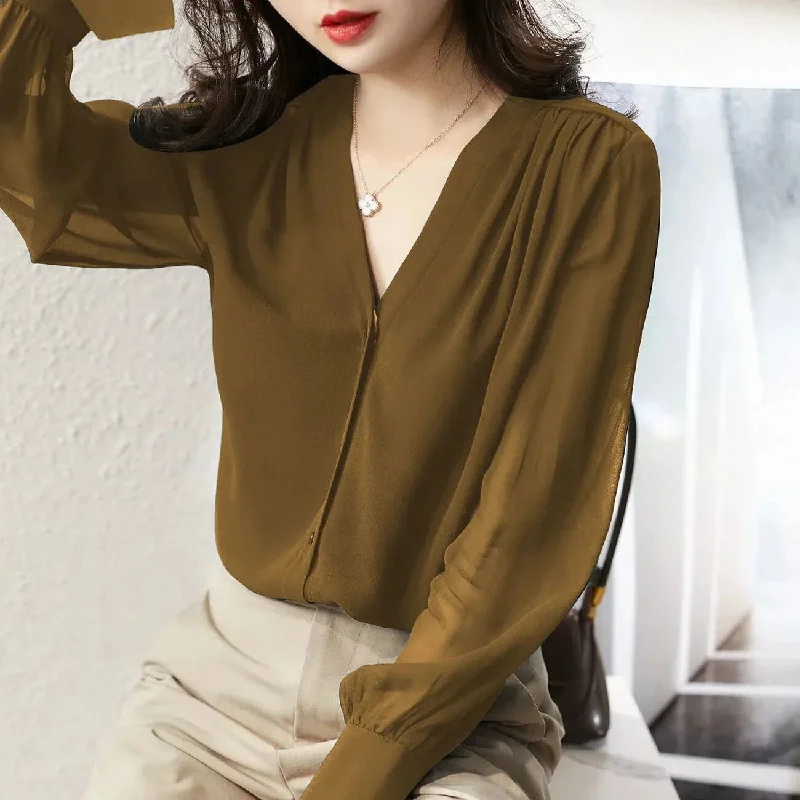 FashionSierra - Elegant Gauze Long Sleeve Solid Color Button