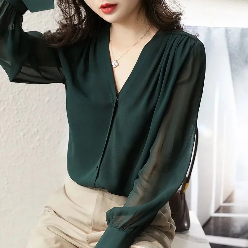 FashionSierra - Elegant Gauze Long Sleeve Solid Color Button