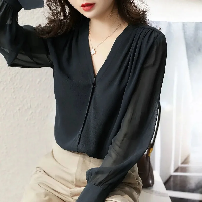 FashionSierra - Elegant Gauze Long Sleeve Solid Color Button