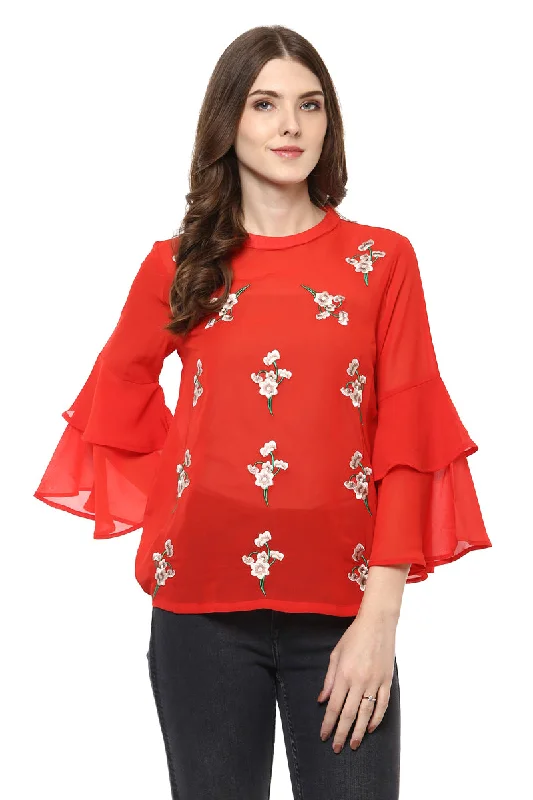 Floral Embroidery Bell Sleeve Top