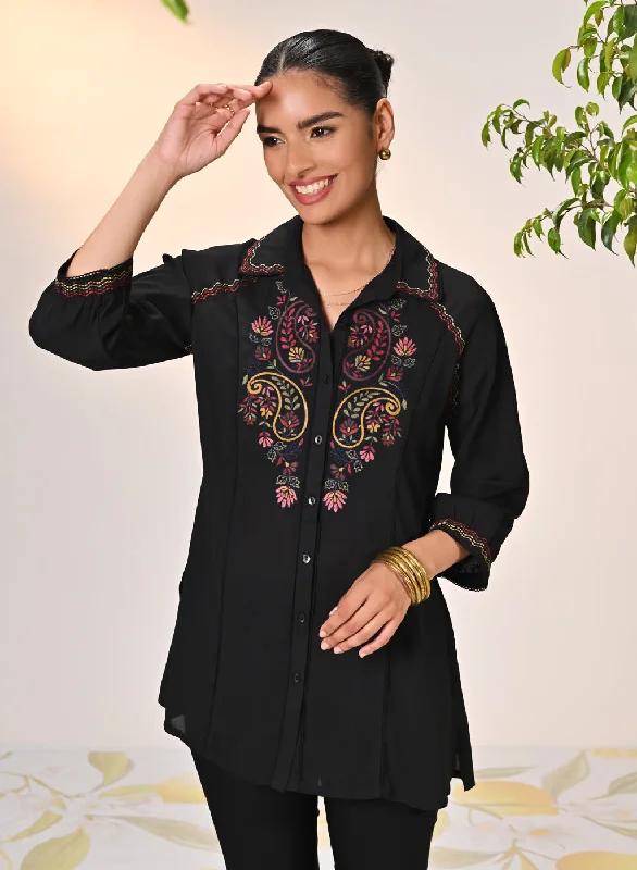 Gul Black Embroidered Crepe Shirt for Women