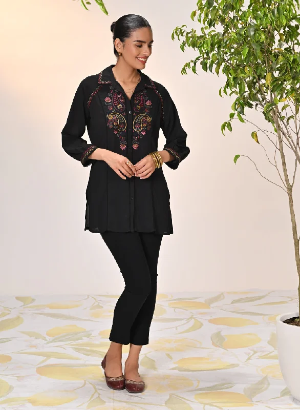 Gul Black Embroidered Crepe Shirt for Women