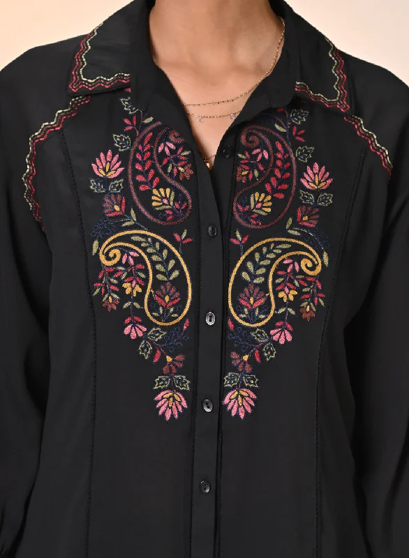 Gul Black Embroidered Crepe Shirt for Women