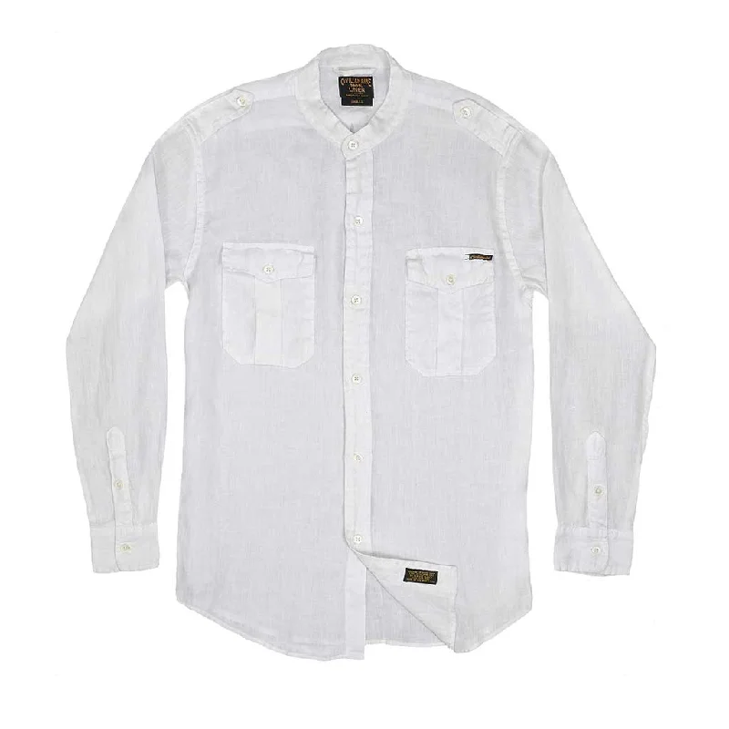 Long Sleeve COLLARLESS Officer Linen Shirt - White