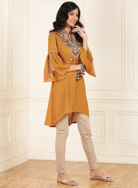 Mustard Embroidered Georgette Tunic for Women